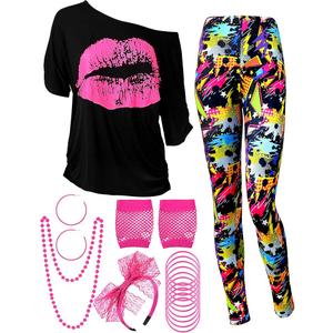 Vinsatin 8 Pcs 80s Outfit Women Costume Accessories Set Tee Racerback Legging Pants Anklet Gloves Earring Hairband (Xx Large,Black)