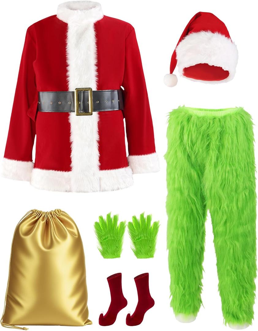 Christmas Costume for Men Adult Santa Claus Suit 7PCS Green Furry Monster Deluxe Xmas Halloween Cosplay Outfit