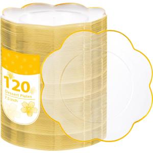 LIYH 120 Pcs Clear Plastic Plates - 7.5 Inch Dessert Plates Disposable Heavy Duty Plastic Plate for Wedding Party Clear Disposable Dessert Plate with Gold Trim for Party Bridal Showers Gift