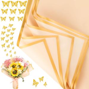 cridoz 20 Sheets Flower Bouquet Wrapping Paper with 12 Pieces Gold Butterfly Decorations for Flower Bouquets, Gift Wrapping(Champagne)