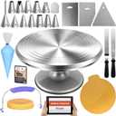 RFAQK 50PCs Cake Decorating Supplies Kit with 12" Aluminum Rotating Cake Turntable Stand, Professional Leveler, Straight & Offset Spatulas, 12 Numbered Icing Tips & Bags