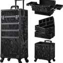 Stagiant Rolling Makeup Case Cosmetology Case on Wheels 4 in 1 Makeup Travel Case Extra Large Cosmetic Box with Key Make Up Artist Traveling Storage Nail Case Salon Barber Cart Trunk Alpine Black