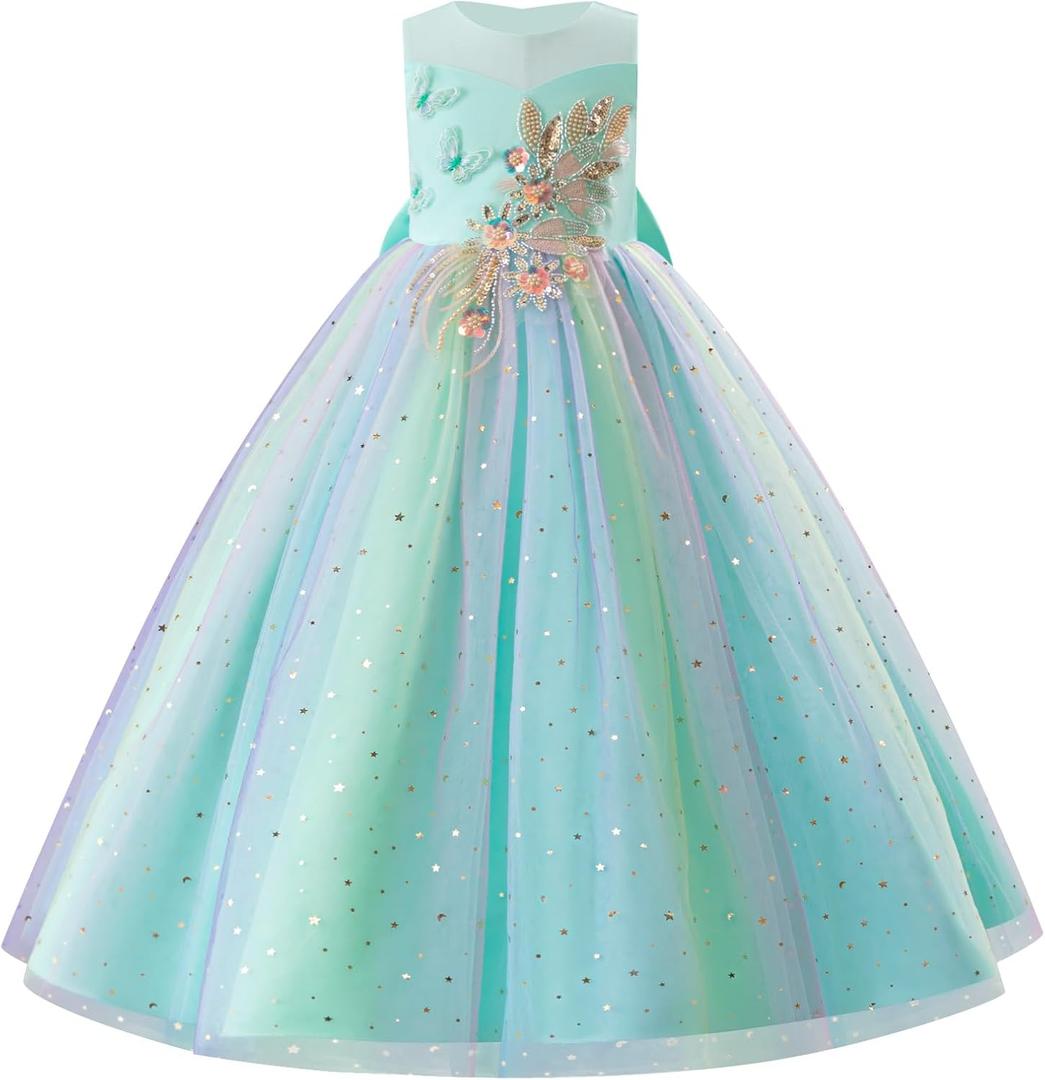 IBTOM CASTLE Pageant Dress for Girls Flower Girl Sleeveless Mesh 3D Butterfly Pearl Floral Sequins Tulle Long Dress Toddler Kids Birthday Party Wedding Formal Ball Gown Teal Green 9-10 Years