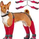 Idepet Dog Suspender Boots, Tall Dog Boots Anti-Slip & Fall Waterproof Shoes Leggings, Adjustable Suspender Boots for Winter Snow Rain Hiking Paws Protector (Red,6)