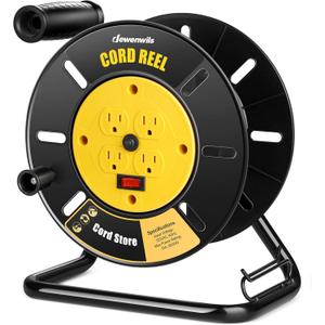 DEWENWILS Extension Cord Storage Reel with 4-Grounded Outlets, Heavy Duty Open Cord Reel for 12/3,14/3,16/3 Gauge Power Cord, Hand Wind Retractable, 13A Circuit Breaker, Yellow, ETL Listed