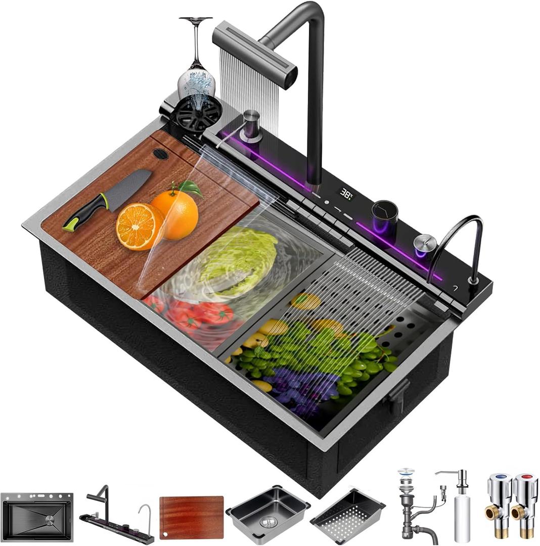 Kitchen Sink, Smart Waterfall Sinks 31.5 Inch Undermount Workstation with Cup Washer and 4 in 1 Faucet, Stainless Steel Drop In Single Bowl, Fregaderos De Cocina Modernos Modern Sinks for Farmhouse
