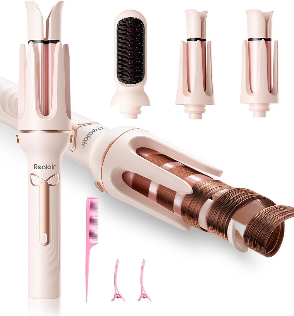 Auto Hair Curler, 3-in-1 Automatic Curling Iron & Brush Set, 1" & 1.25" Interchangeable Rotating Barrels, Anti-Scald & Anti-Tangle Wand for Hair Styling, Auto Shut-Off, Dual Voltage, Pink