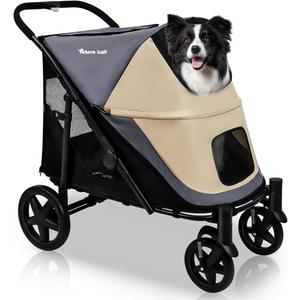 One-Click Folding Dog Stroller for 2 Dogs - 4 Wheel Jogger with Storage Pocket - Suitable for Pets Up to 110LBS (Beige & Grey) (Beige&Grey)
