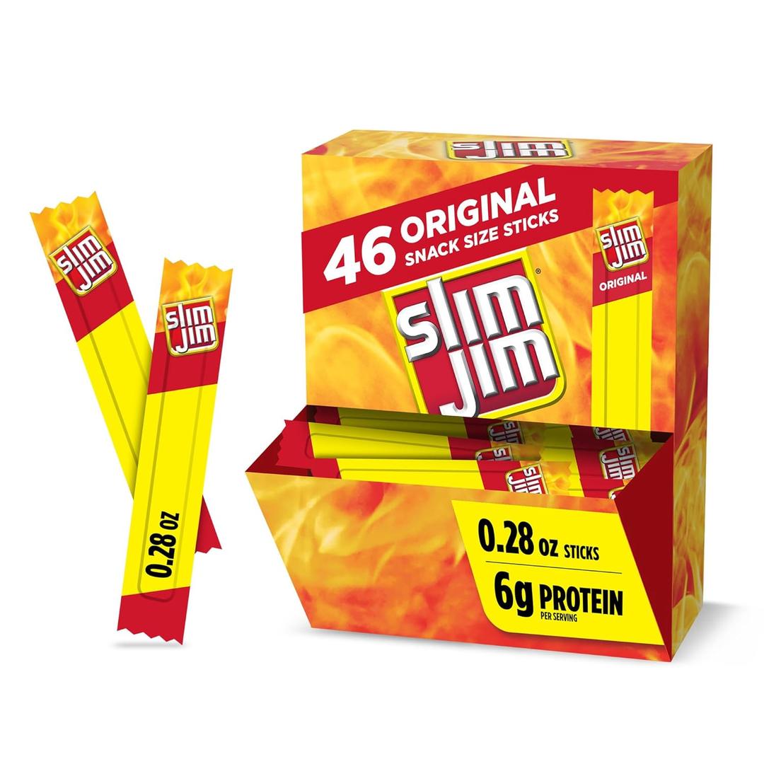 Slim Jim Smoked Meat Sticks, Original Flavor, 6g Protein Per Serving, Snack Size, Lunchbox Snack, 0.28 oz. (46 Count) (12.88 Ounce (Pack of 1)), BB Date: 04/16/2025