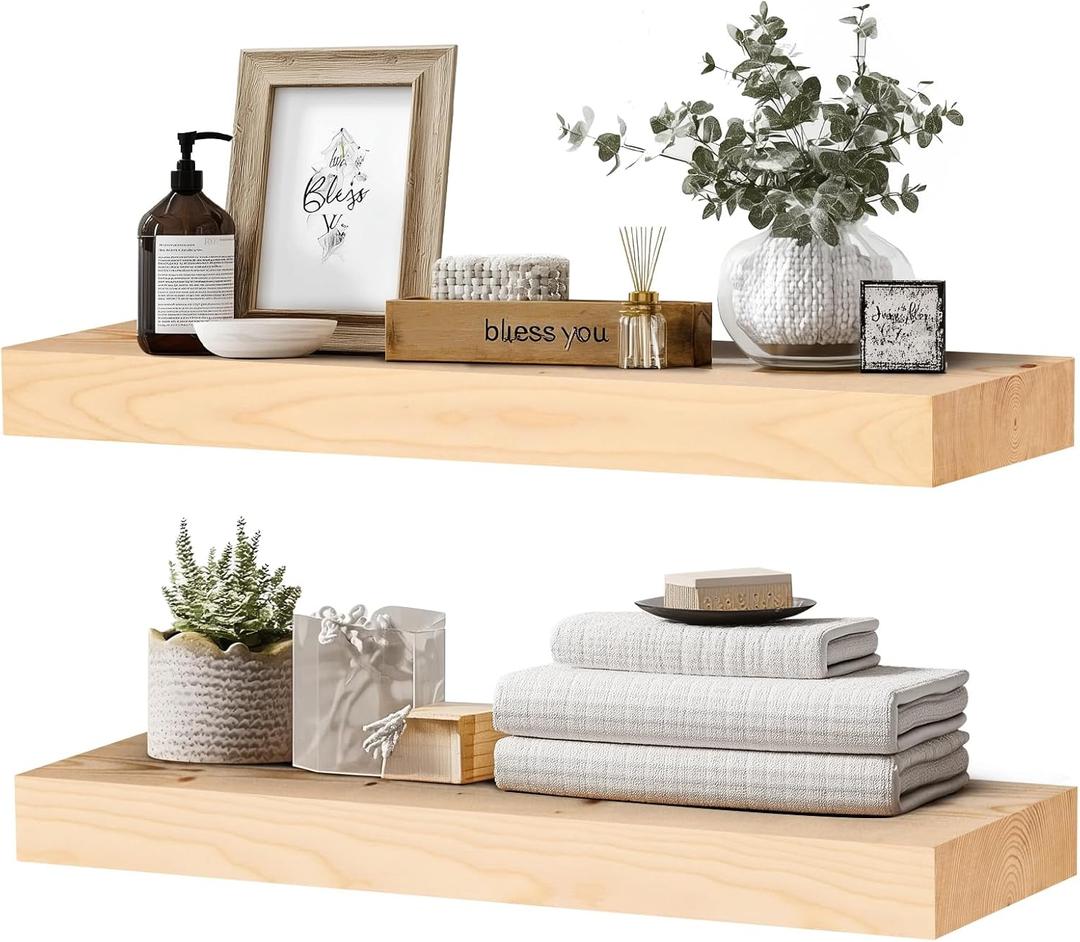 24x8x1.6 inch Floating Shelves Set of 2 Solid Wood Rustic Wood Wall Mounted Shelf for Kitchen, Bathroom, Living Room