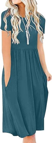 DB MOON Women Summer Casual Short Sleeve Dresses Empire Waist Dress with Pockets (Medium, Army Green), Size 20