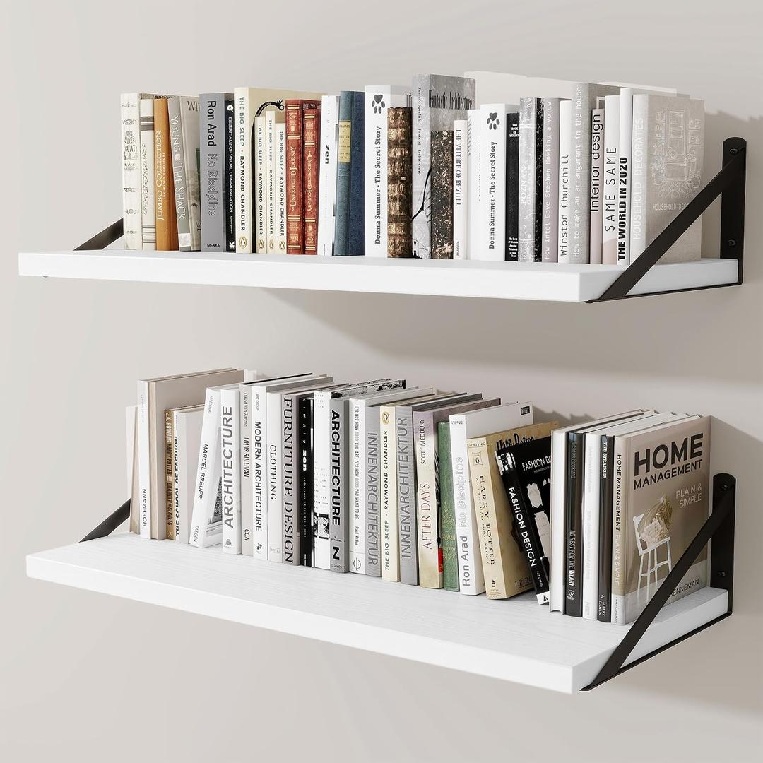 12" Deep Wall Shelves with Metal Brackets, 30" Wide, White Finish, 2pcs