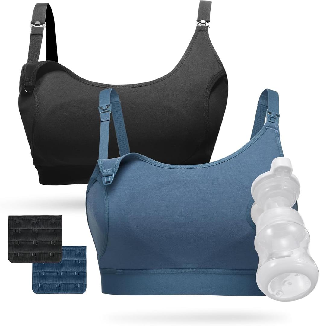 Momcozy Pumping Bra Hands Free All Day Wear Pumping & Nursing Bra in One Holding Breast Pump for Spectra, Medela (XX-Large, Black,blue-2pk)