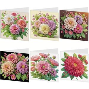 6pcs creative gift of diamond art painting birthday cards - flowers chrysanthemum, greeting card with envelope, handmade DIY painting birthday card art craft card kit postcards for family and friends