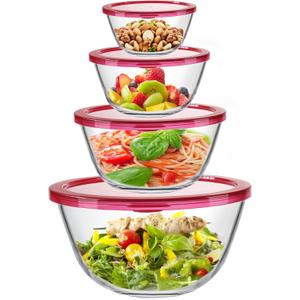 KOMUEE 4 Pack Glass Mixing Bowls Set with Lids (4.8QT, 2.9QT, 1.7QT, 0.8QT), Glass Nesting Bowls for Kitchen Baking, Cooking and Serving, Oven, Dishwasher, Freezer, and Microwave Safe