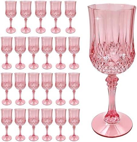 JUSONEY Vintage Plastic Wine Glasses,Crystal Textured Plastic Goblets,Disposable Wine Glasses for Parties,Weddings,Elegant Events(24pcs-Rose Gold)