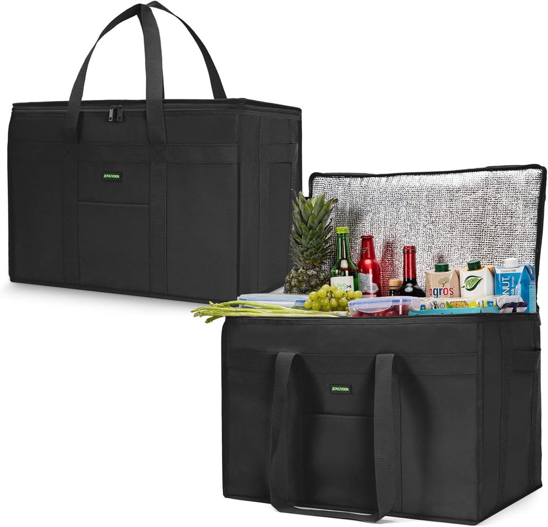 2-Pack Heavy-Duty Insulated Grocery Bags & Food Delivery Bag  Collapsible Cooler Bag with Zippered Top | Reusable Shopping Bags for Groceries, Picnics, Easy Storage(XXXL Black)