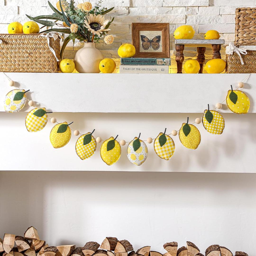 Lemon Felt Banner Garland Decor Vintage 3D Fruit Hanging Garland with Wooden Beads for Back to School Birthday Party Baby Shower DIY Home Wall Fireplace Decor