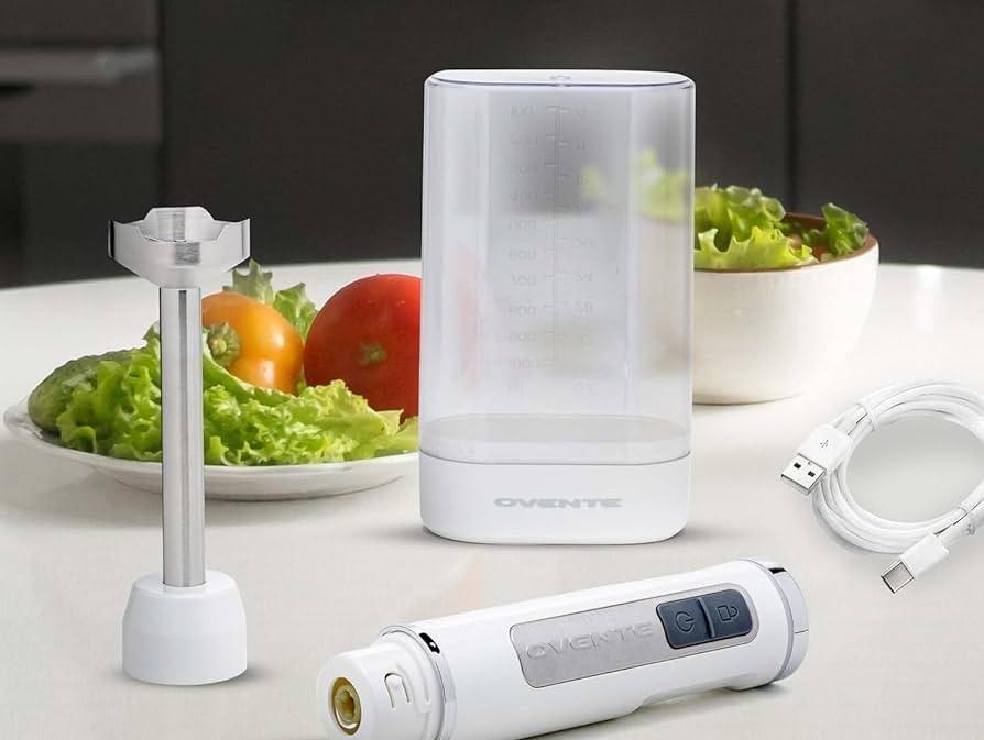 OVENTE Cordless Immersion Hand Blender, Rechargeable Handheld Portable Stick Mixer with 8 Mixing Speed Option, One-Touch Control and Stainless Steel Blades for Smoothies, Shakes or Soups, Black HR781B (White - 200 Watts)