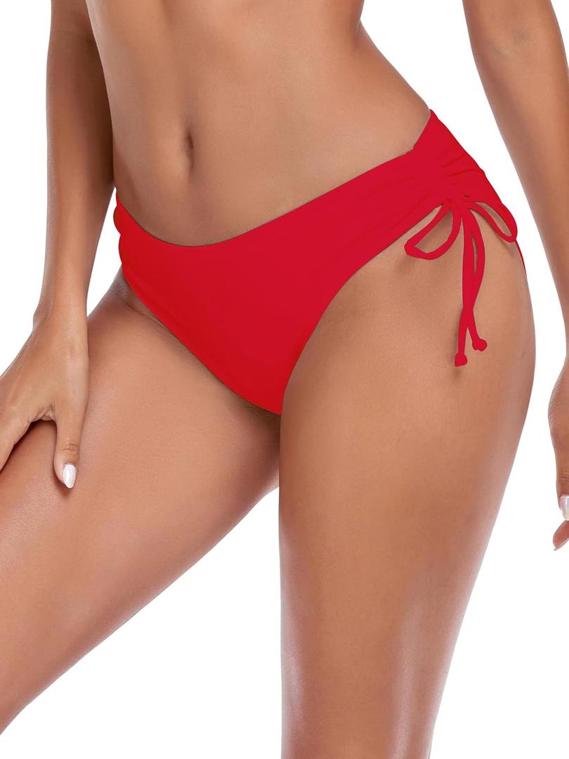Women's Drawstring Bikini Bottoms Full Coverage Low Waisted Swim Bottom (Dark Red) S