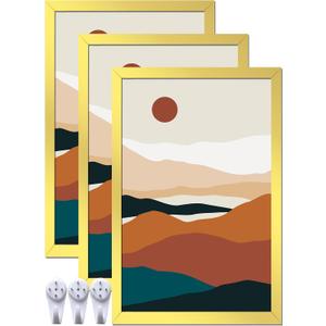 Gold 11x17 Picture Frame Set of 3, High Transparent Frame for 11 By 17 Photo Collage Canvas Poster Size Wall Mount and Tabletop Horizontally Vertically (Gold, 11 x 17 inches)