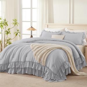 Andency Light Gray Ruffle Comforter Set King, Shabby Chic Farmhouse Bedding Comforter, Soft Lightweight Fluffy Polyester Bet Set All Season 3 Pieces Solid Comforter Set (King(104"x90"))