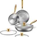 Titanium Pans for Cooking | 8/10/12 Inch Pure Titanium Set with Lids | Hammered Chef-Grade Tagine Design | PFAS/PFOA/PTFE-Free | Induction & Oven-Safe, Dishwasher Safe