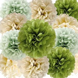 We Moment Olive Sage Green Cream Ivory Tan Tissue Paper Pom Poms Party Decorations for Neutral Baby Shower Boho Wedding Birthday Wild Safari Greenery Party Dcor 12pcs 4 Colors
