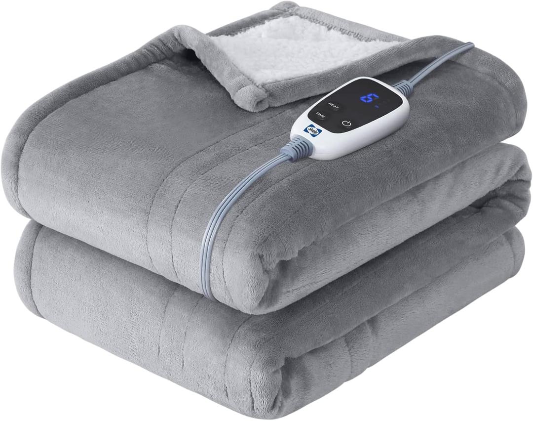 Sealy Electric Throw Blanket, Flannel & Sherpa Heated Throw with 6 Heating Levels & 2-10 Hours Auto Shut Off, Fast Heating & Machine Washable, 50x60 Inch, Light Grey
