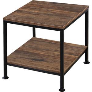20 Inch 2 Tiers Square End Table with Metal Frame, Rustic Brown Fridge Stand Side Table Sturdy Easy Assembly Industrial Style for Living Room, Bedroom, Vintage Wood