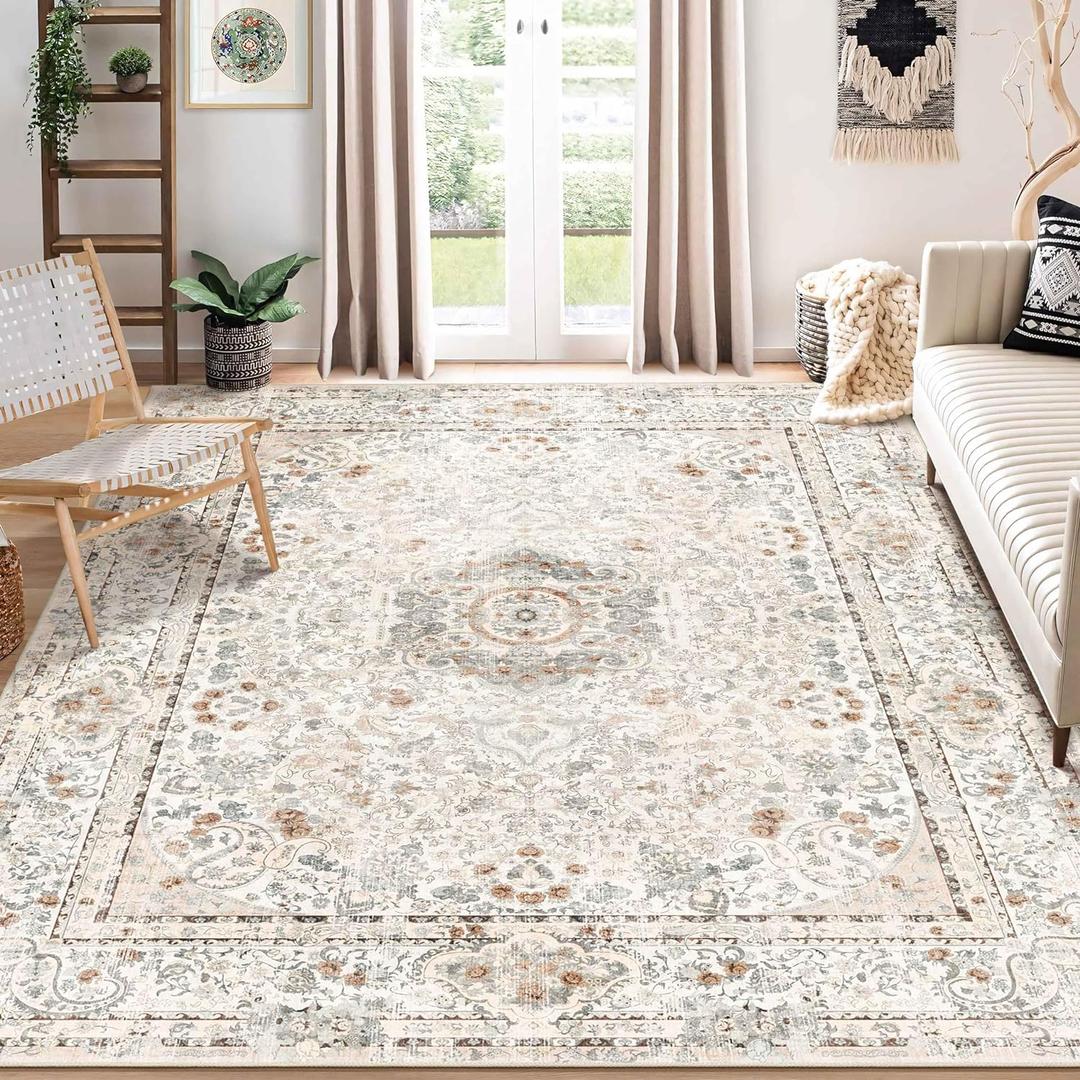 8x10 Area Rugs Washable,Boho Rug for Living Room Bedroom Dining Room,Large Vintage Bohemian Distressed Carpet Non Slip,Beige