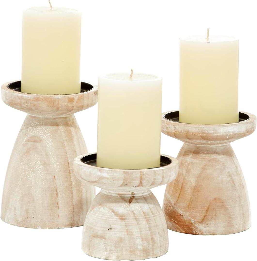 Deco 79 Wood Pillar Candle Holder with White Wash Finish, Set of 3 - 6", 5", 4"H, Brown