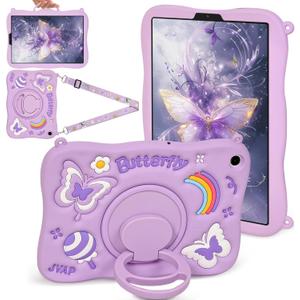 Case for Samsung Galaxy Tab A11 8.7 Inch 2025/ Galaxy Tab A9 8.7 Inch Cute Butterfly Cover 3D Rotating Handle Stand & Shoulder Strap Soft Silicone