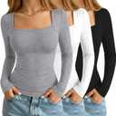 3 Pack Women's Square Neck Long Sleeve Tops, Double Lined Slim Fit Shirts Basic Trendy Going Out T Shirts Small