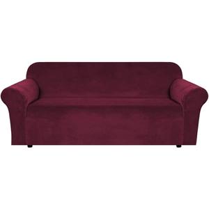 H.VERSAILTEX Stretch Velvet Sofa Covers for 3 Cushion Couch Covers Sofa Slipcovers Furniture Protector Soft with Non Slip Elastic Bottom, Crafted from Thick Comfy Rich Velour (Sofa 72"-90", Burgundy)