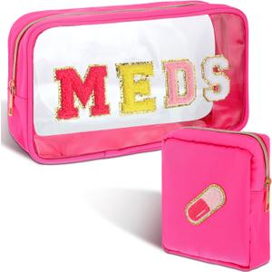 Hillban 2 Pcs Medicine Bag Chenille Letter Patch Meds Bags Travel Cases Preppy Clear Nylon Portable Makeup Bags Zipper Cosmetic Toiletry Storage for Women PVC Transparent Mini First Aid Bag(Lovely)