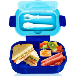 Generic DifaBella Kids Lunch Box with Antispill Lid, Bento Box for Kids with 4 Compartments BPA-Free Plastic, Spoon & Fork Included, Compact and Colorful Meal Container (Blue), 8.66 x 5.9 x 2.7