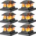 Dynaming Solar Flame Post Cap Lights Outdoor, Solar Powered Fence Post Light, Flickering Flame LED Lantern Lamps Waterproof for Garden Deck Patio, Fit 4x4, 5x5 or 6x6 Vinyl/Wooden Posts, 6 Pack (Black)