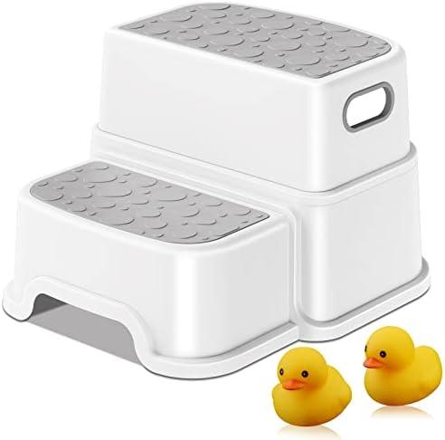 Toddler Step Stool,2 Step Stools for Kids with Anti-Slip Surface and Rubber Bottom, Kids Step Stool Poop Stool for Toilet Potty Training, Bathroom, Kitchen(Include 2 Ducks)