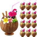 Taiyin Coconut Cups with Flamingo Straws Hawaiian Luau Party Decorations Pink Straws and Coconut Shaped Tiki Cups for Kids and Adults Luau Hawaiian Birthday Beach Pool Party(24 Pcs)