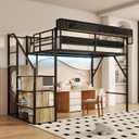 Full Size Metal Loft Bed with Storage Shelf Built-in USB Port, Heavy Duty Loft Bed w/Storage Stairs & Wardrobe+ LED Lights for Bedroom, Large Under-Bed Area, Noise Free, No Box Spring Needed (Black+nature)