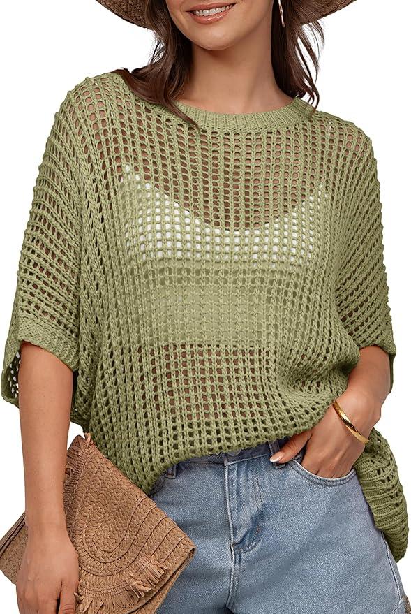 UEU Womens Summer Crochet Tops Hollow Out Cap Sleeve Cover Up Tank Top Pullover Sweater Vest Beach Vacation Clothes, Medium