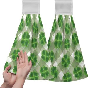 2 Pcs St. Patrick's Day Hanging Kitchen Towels, Lucky Clover Hand Towel with Hanging Loop,Super Absorbent and Soft, Suitable for Bathrooms, Kitchens, Washrooms (Color 1)