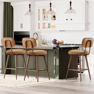 Swivel Bar Stools Set of 3, Mid Century PU Leather Counter Height Bar Chairs with Low Back and Metal Legs, Modern Bar Stool Chair for Kitchen Island, Brown