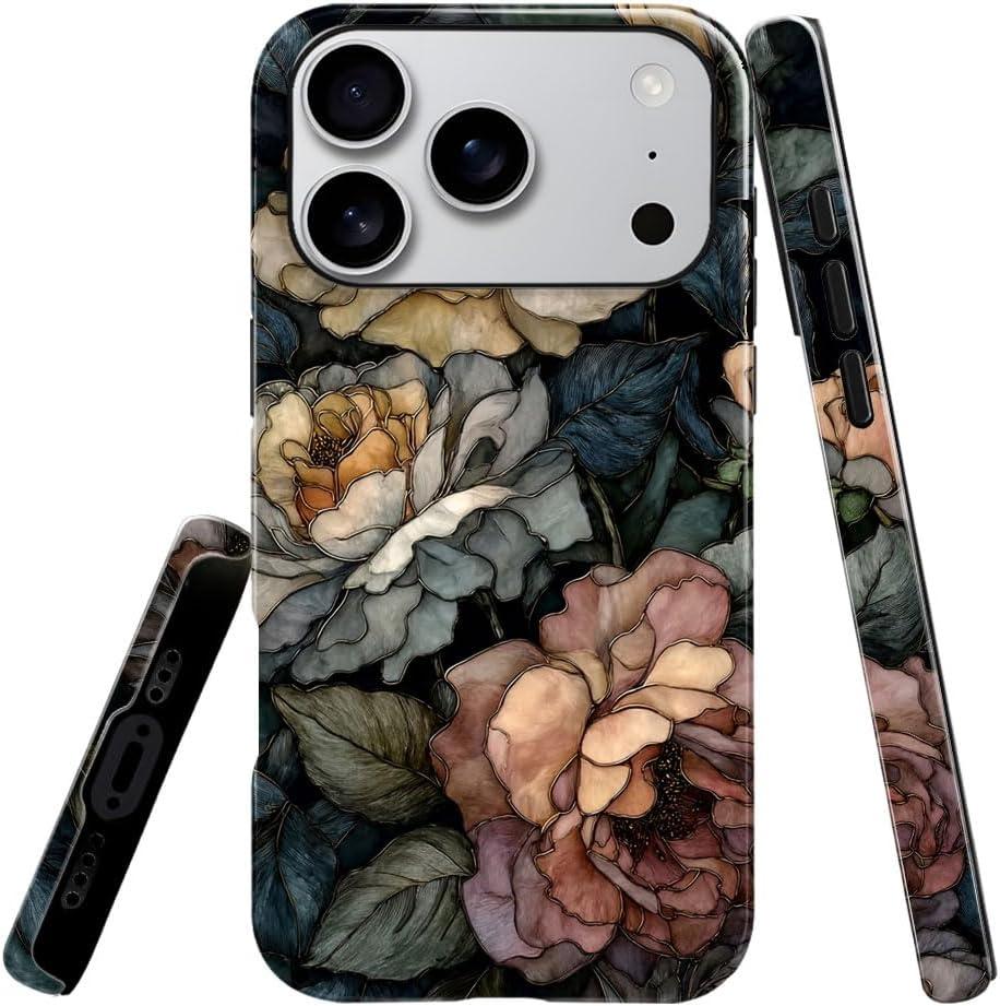 Compatible with iPhone 17 Pro Case,Glossy Case All-Round Protection Shockproof Anti-Scratches TPU Cover,Cases for Man Woman-Stained Glass Dark Vintage Floral