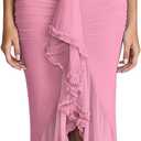 KUTUMAI Women Ruffle Bodycon Maxi Dress Ruched Long Formal Cocktail Wedding Guest Dresses (Pink, XL)