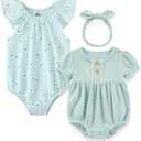 Baby Girl Bodysuit and Headband Outfit Cotton Ruffle Sleeveless Baby Clothes (12-18 Months, Blue Dots)