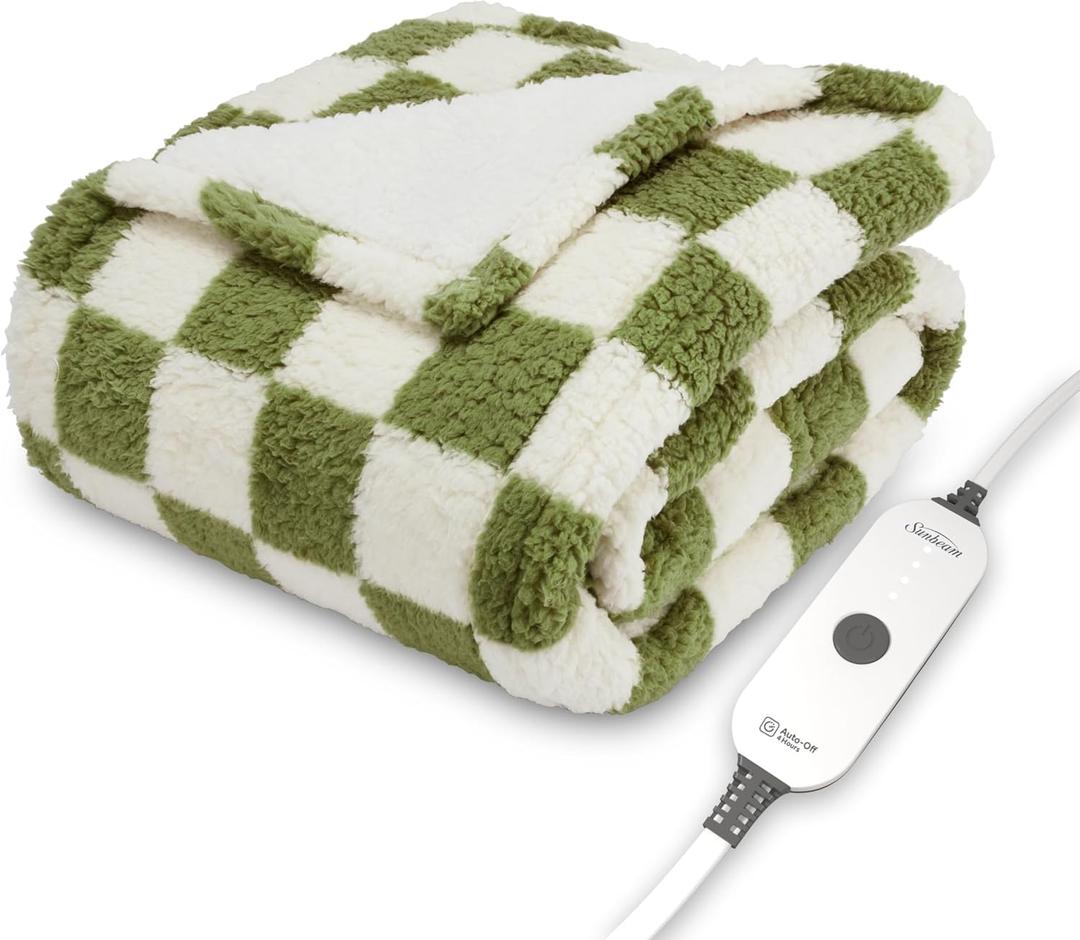 Sunbeam Printed Royal Sherpa Foot Pocket Heated Throw Electric Blanket, 50" x 60", 4 Heat Settings, 4-Hour Auto Shut-Off, Warming Cozy Throw for Couch or Bed, Machine Washable, Sage Checkerboard