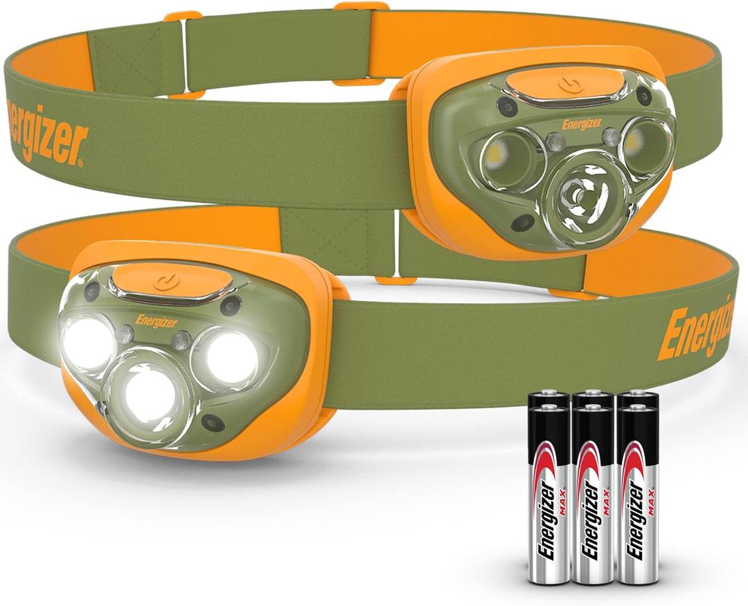 Energizer LED Headlamp PRO (2-Pack), IPX4 Water Resistant Headlamps, High-Performance Head Light for Outdoors, Camping, Running, Storm, Survival LED Light for Emergencies (Batteries Included) (Forest Green/Orange)