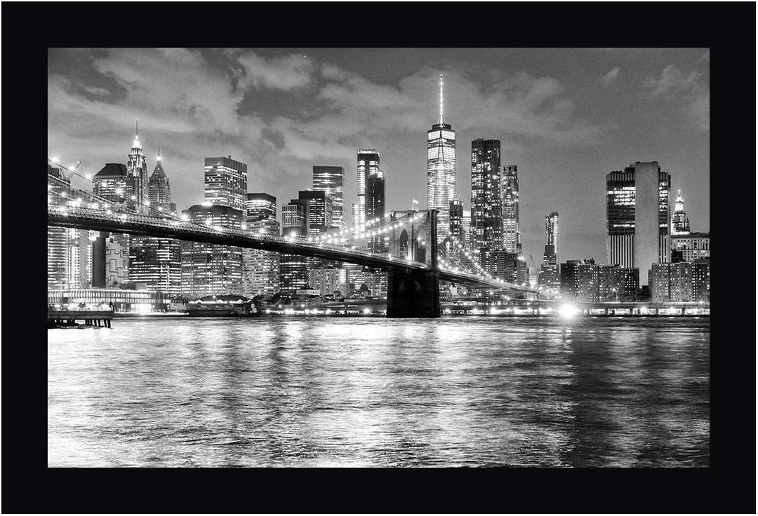 New York City Financial District by Anon. - 14" x 20" Framed Canvas Art Print - Black Frame - Ready to Hang